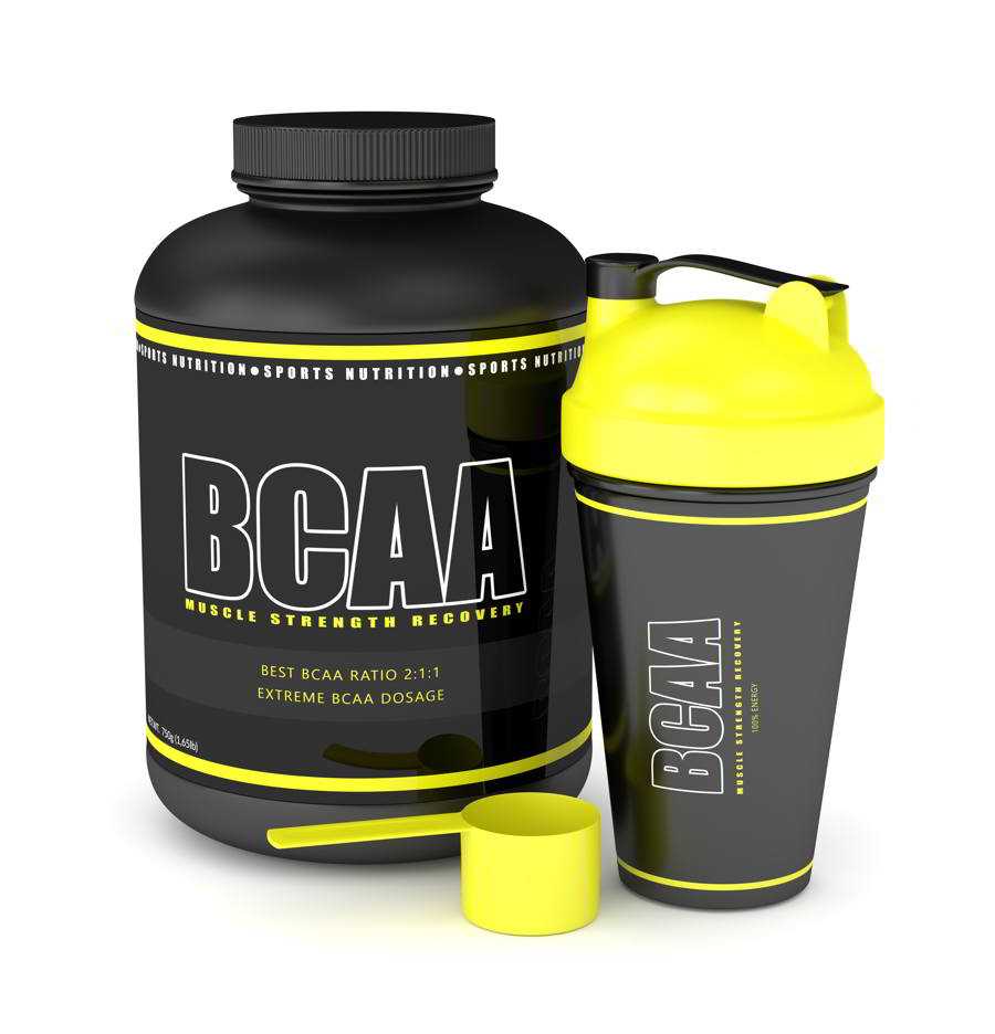 BCAA powder with dumbbells and shaker